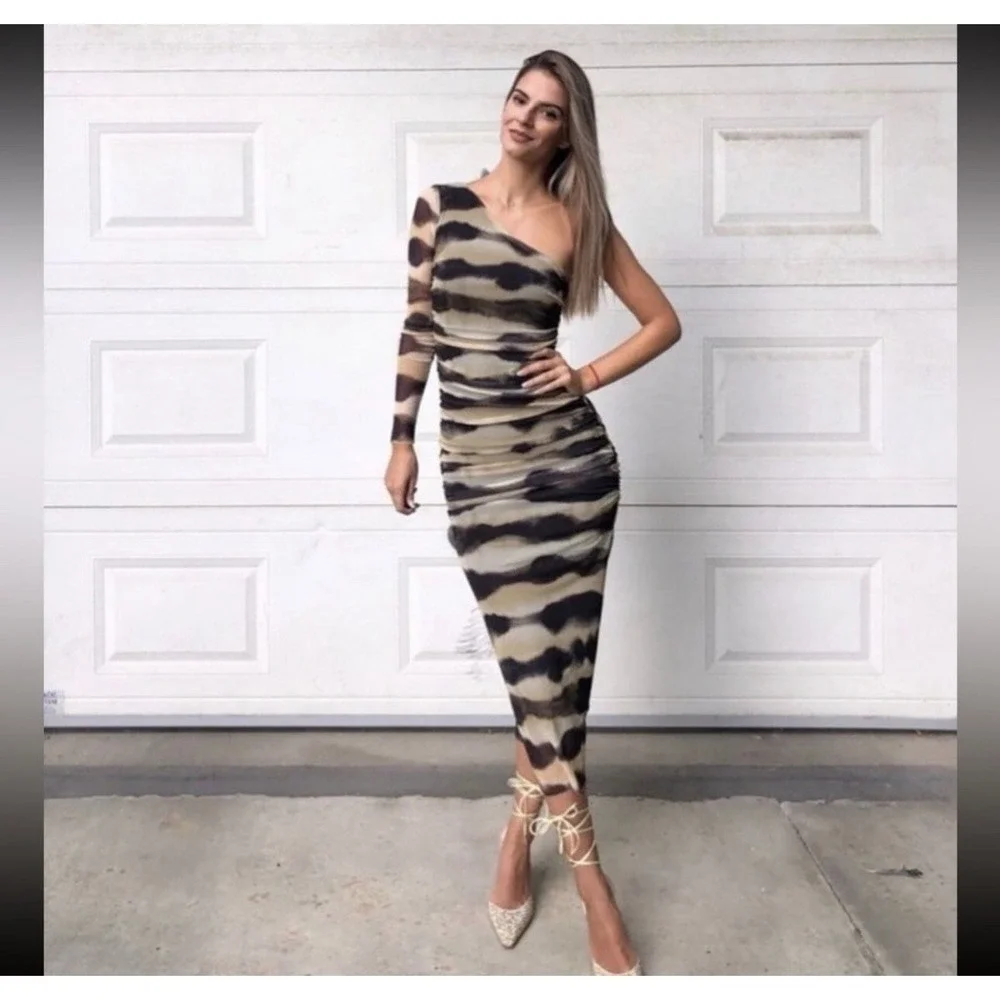 Zara Dress Women Small Black Tan One Shoulder Ruched Mesh Tie Dye Midi Bodycon - Picture 3 of 10